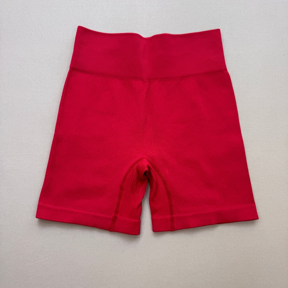 Red Ribbed Seamless Biker Shorts High Waisted Athletic Spandex Small Medium